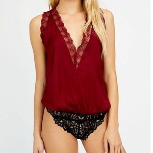 Free People - NWOT Elegant Lace Trim Burgundy Bodysuit